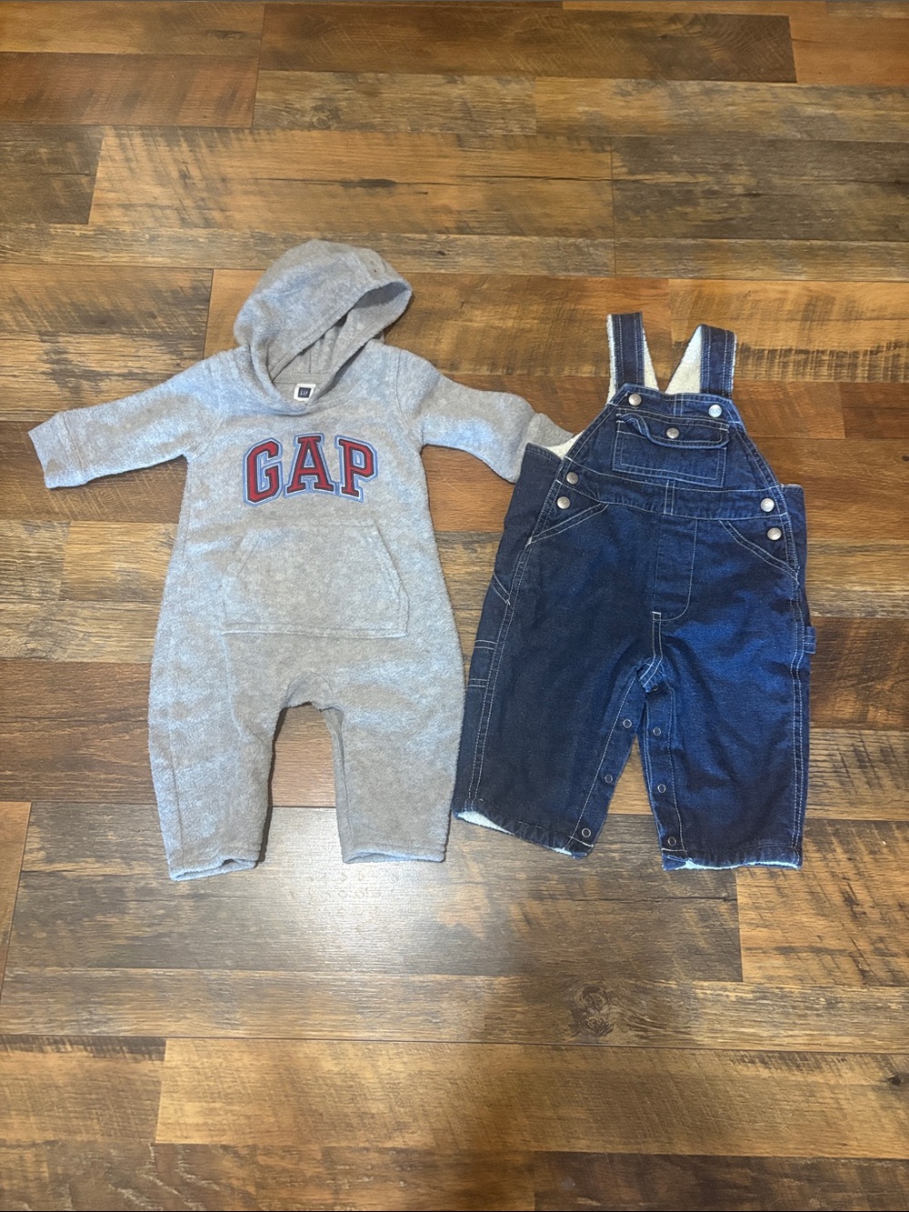 Baby GAP Gray Hooded Romper with Navy Denim‎ Overalls
